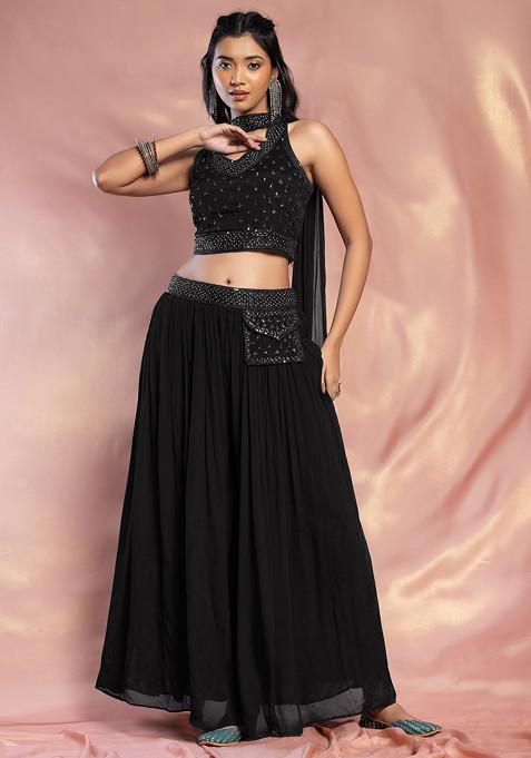 Black Palazzo Set With Hand Embroidered Blouse And Choker Dupatta