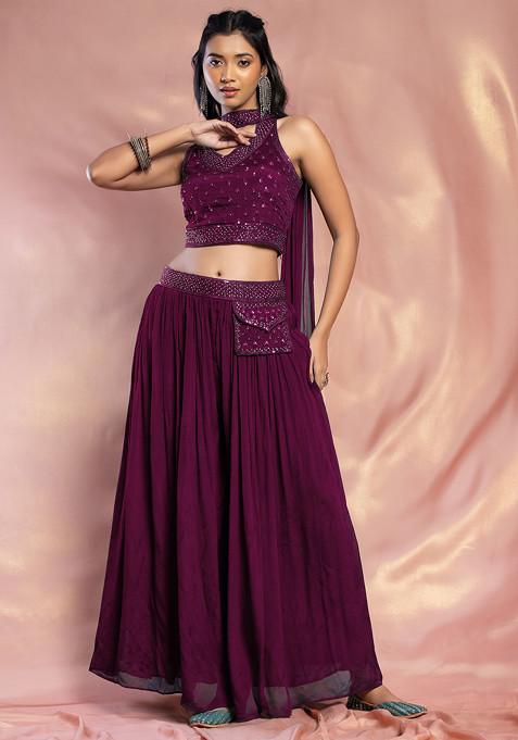 Wine Palazzo Set With Hand Embroidered Blouse And Choker Dupatta