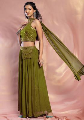 Olive Green Palazzo Set With Hand Embroidered Blouse And Choker Dupatta