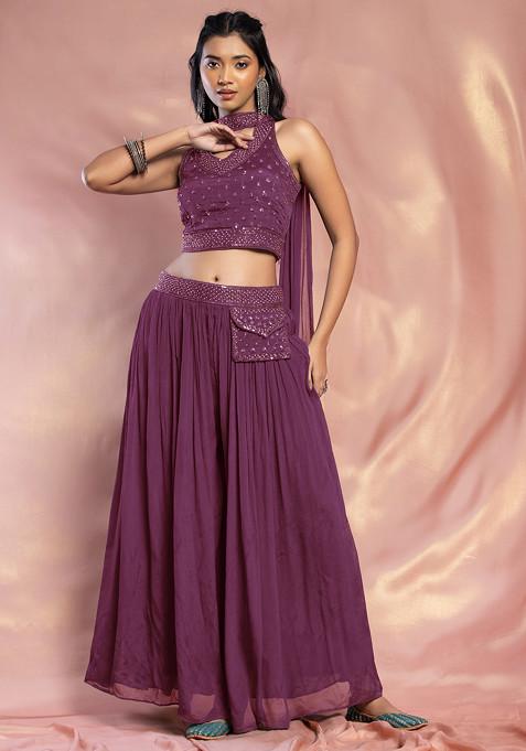 Mauve Palazzo Set With Hand Embroidered Blouse And Choker Dupatta