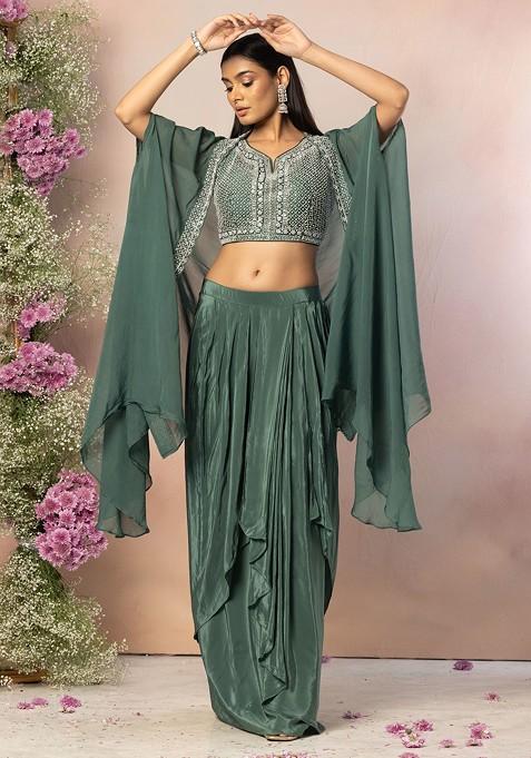 Green Draped Lehenga Set With Hand Embroidered Blouse And Jacket
