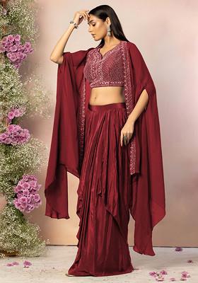 Maroon Draped Lehenga Set With Hand Embroidered Blouse And Jacket