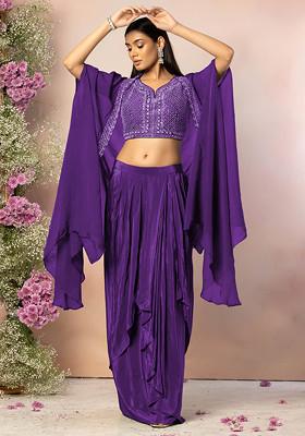 Purple Draped Lehenga Set With Hand Embroidered Blouse And Jacket
