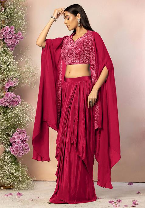 Hot Pink Draped Lehenga Set With Hand Embroidered Blouse And Jacket