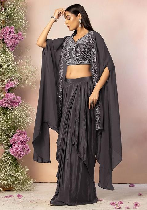 Charcoal Black Draped Lehenga Set With Hand Embroidered Blouse And Jacket