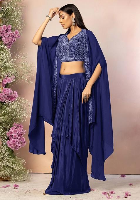 Navy Blue Draped Lehenga Set With Hand Embroidered Blouse And Jacket