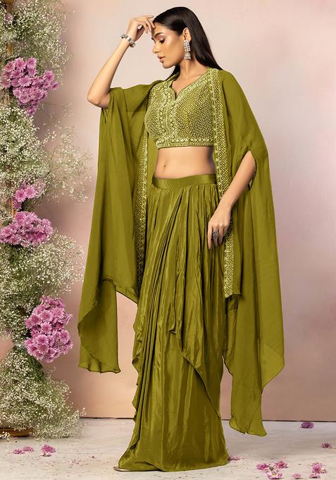 Olive Green Draped Lehenga Set With Hand Embroidered Blouse And Jacket