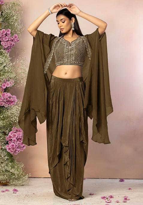 Brown Draped Lehenga Set With Hand Embroidered Blouse And Jacket