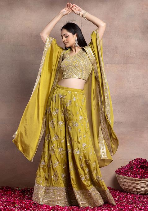 Lime Green Floral Sequin Zari Embroidered Sharara Set With Embroidered Blouse And Cape