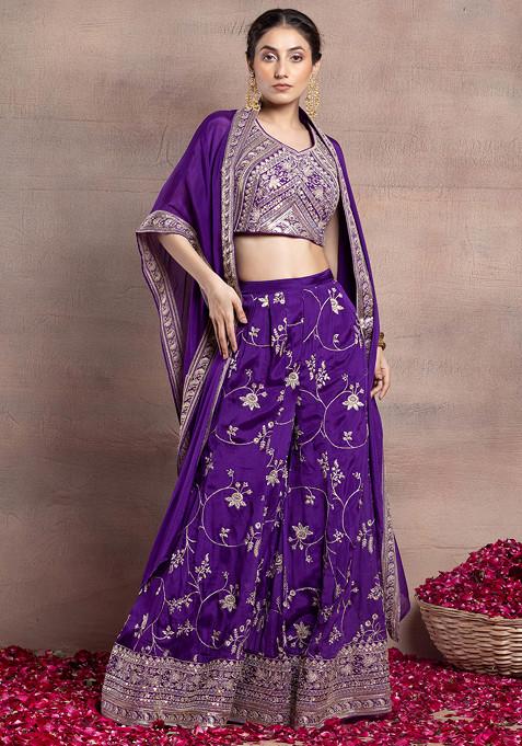 Purple Floral Sequin Zari Embroidered Sharara Set With Embroidered Blouse And Cape