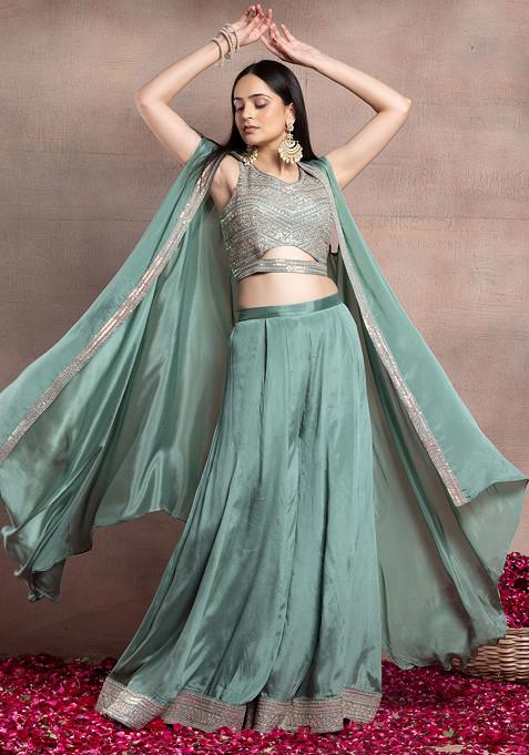 Sage Green Sharara Set With Hologram Sequin Zari Embroidered Blouse And Jacket