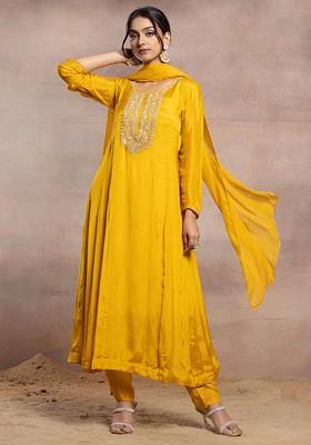 Mustard Sequin Bead Hand Work Kurta Set With Pants And Embellished Dupatta