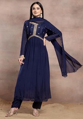 Navy Blue Sequin Bead Embellished Kurta Set With Pants And Embellished Dupatta