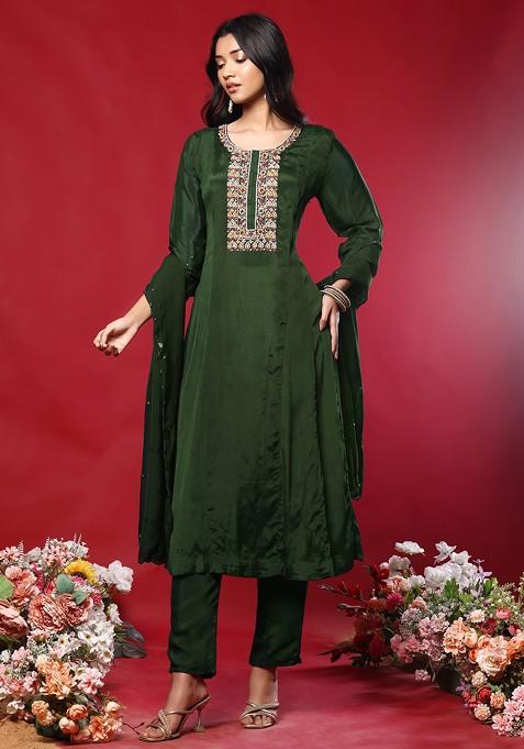 Olive Green Floral Hand Work Kurta Set With Pants And Dupatta