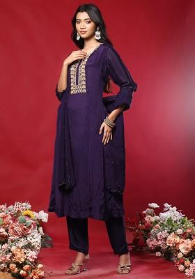 Purple Floral Hand Work Kurta Set With Pants And Dupatta