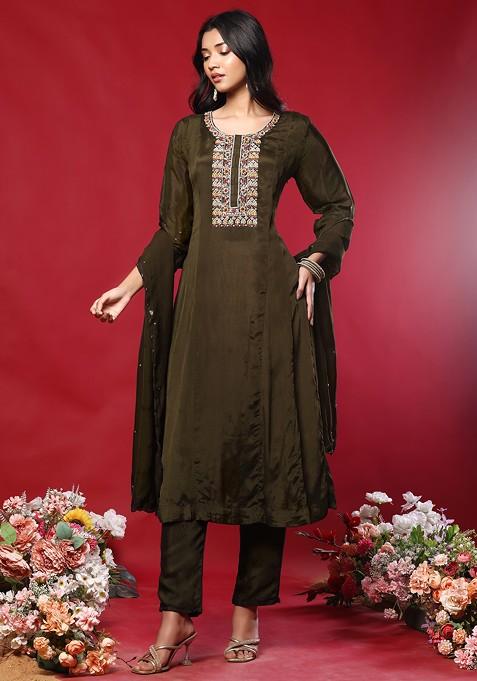Copper Floral Hand Work Kurta Set With Pants And Dupatta