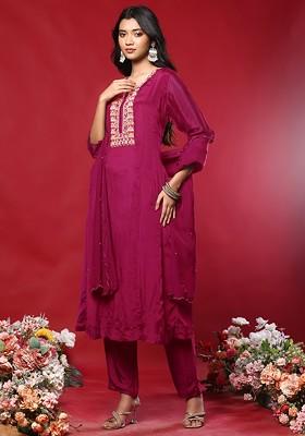 Hot Pink Floral Hand Work Kurta Set With Pants And Dupatta
