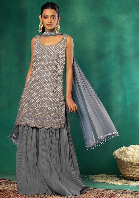 Grey Pleated Sharara Set With Sequin Hand Embroidered Kurta And Dupatta