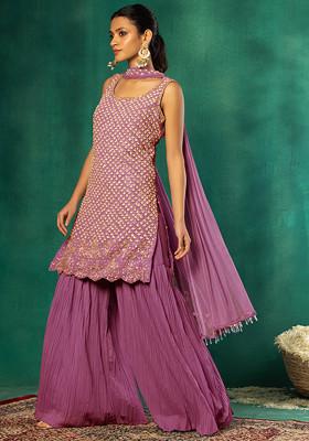 Onion Pink Pleated Sharara Set With Sequin Hand Embroidered Kurta And Dupatta