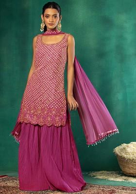 Hot Pink Pleated Sharara Set With Sequin Hand Embroidered Kurta And Dupatta