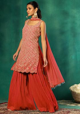 Orange Pleated Sharara Set With Sequin Hand Embroidered Kurta And Dupatta
