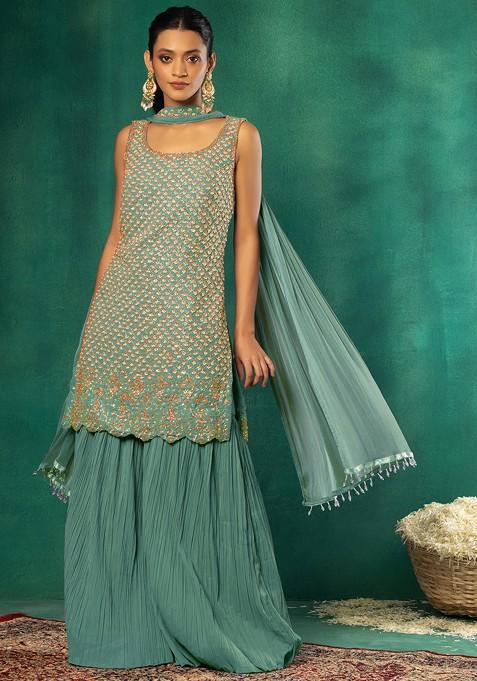 Dusty Blue Pleated Sharara Set With Sequin Hand Embroidered Kurta And Dupatta