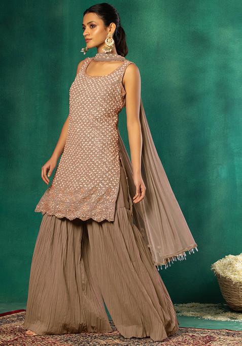 Light Brown Pleated Sharara Set With Sequin Hand Embroidered Kurta And Dupatta