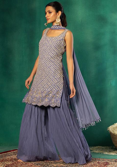 Powder Blue Pleated Sharara Set With Sequin Hand Embroidered Kurta And Dupatta