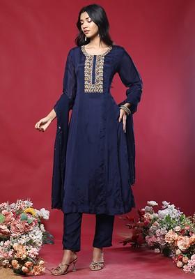 Navy Blue Floral Hand Work Kurta Set With Pants And Dupatta