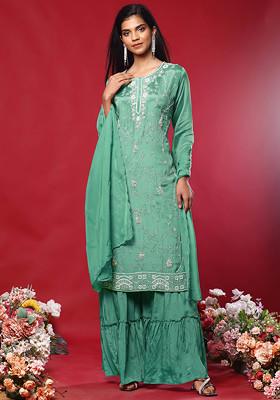 Sea Green Floral Hand Embroidered Kurta Set With Sharara And Dupatta