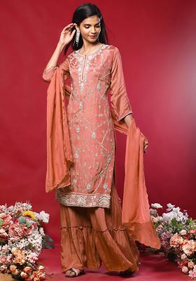 Salmon Pink Floral Hand Embroidered Kurta Set With Sharara And Dupatta