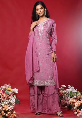 Lavender Floral Hand Embroidered Kurta Set With Sharara And Dupatta