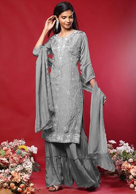 Grey Floral Hand Embroidered Kurta Set With Sharara And Dupatta