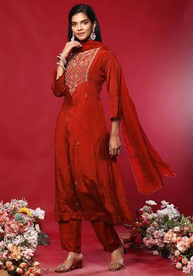 Orange Floral Hand Work Kurta Set With Pants And Organza Dupatta