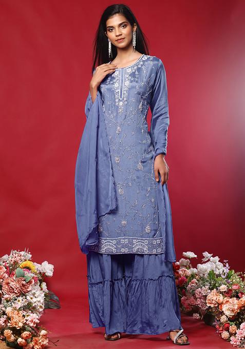 Steel Blue Floral Hand Embroidered Kurta Set With Sharara And Dupatta