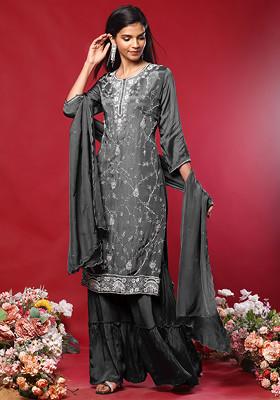 Charcoal Black Floral Hand Embroidered Kurta Set With Sharara And Dupatta