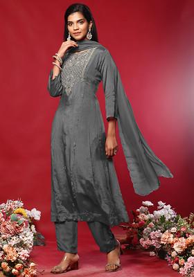 Grey Floral Hand Work Kurta Set With Pants And Organza Dupatta