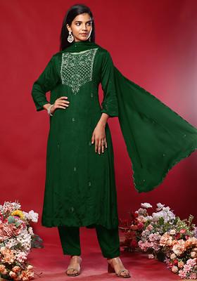 Emerald Green Floral Hand Work Kurta Set With Pants And Organza Dupatta