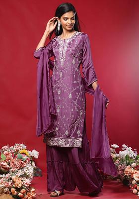 Old Mauve Floral Hand Embroidered Kurta Set With Sharara And Dupatta