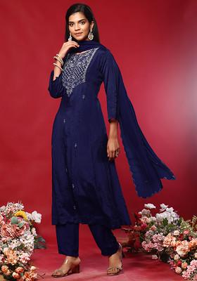 Indigo Blue Floral Hand Work Kurta Set With Pants And Organza Dupatta