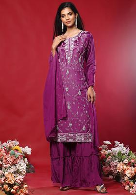 Wine Floral Hand Embroidered Kurta Set With Sharara And Dupatta
