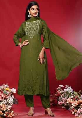 Olive Green Floral Hand Work Kurta Set With Pants And Organza Dupatta