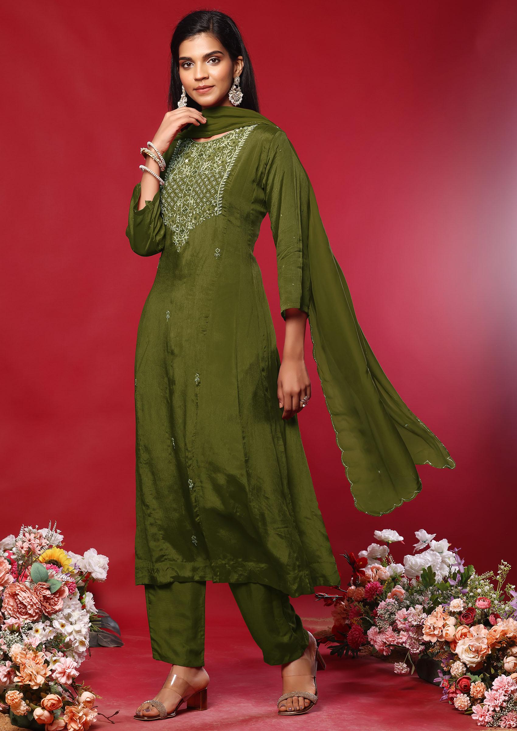 Buy Women Olive Green Floral Hand Work Kurta Set With Pants And Organza Dupatta Kurta Sets Indya