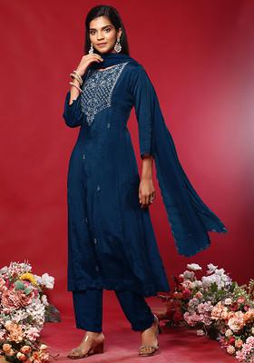 Teal Floral Hand Work Kurta Set With Pants And Organza Dupatta