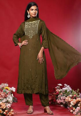 Copper Floral Hand Work Kurta Set With Pants And Organza Dupatta