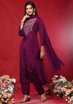 Wine Floral Hand Work Kurta Set With Pants And Organza Dupatta