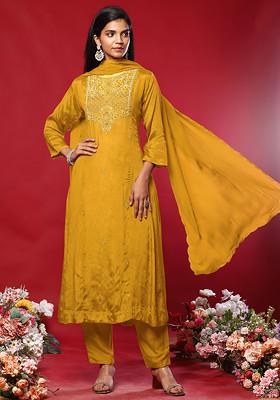 Mustard Floral Hand Work Kurta Set With Pants And Organza Dupatta