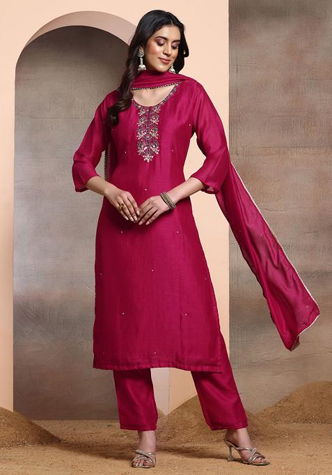 Fuchsia Pink Sequin Hand Embroidered Kurta Set With Pants And Dupatta