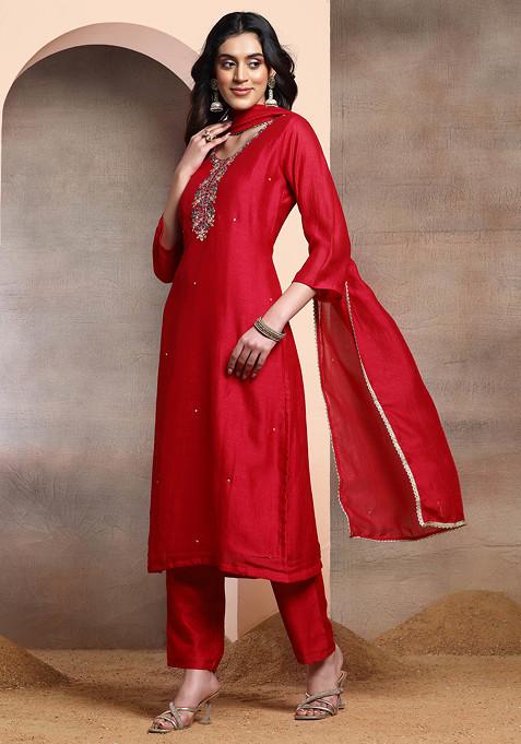 Red Sequin Hand Embroidered Kurta Set With Pants And Dupatta