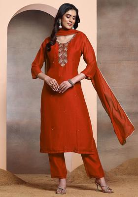 Orange Sequin Hand Embroidered Kurta Set With Pants And Dupatta